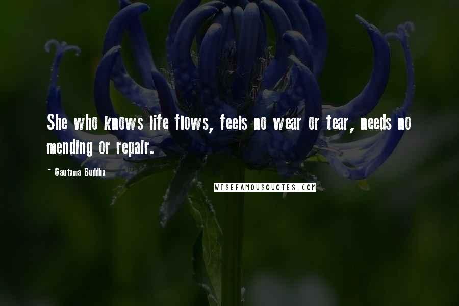 Gautama Buddha Quotes: She who knows life flows, feels no wear or tear, needs no mending or repair.