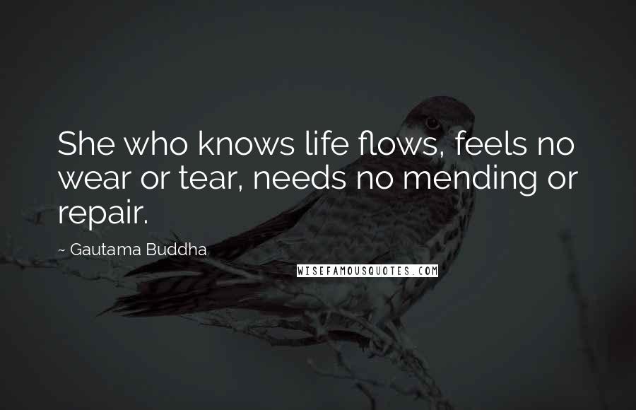 Gautama Buddha Quotes: She who knows life flows, feels no wear or tear, needs no mending or repair.