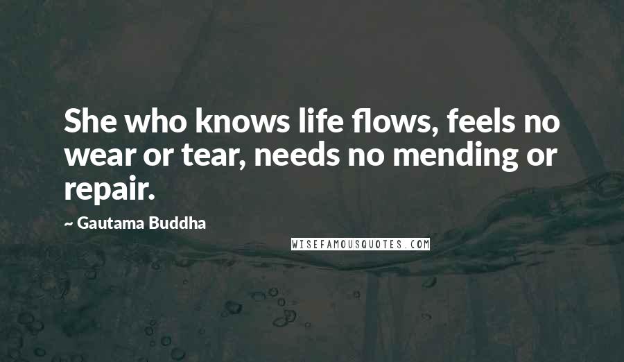 Gautama Buddha Quotes: She who knows life flows, feels no wear or tear, needs no mending or repair.