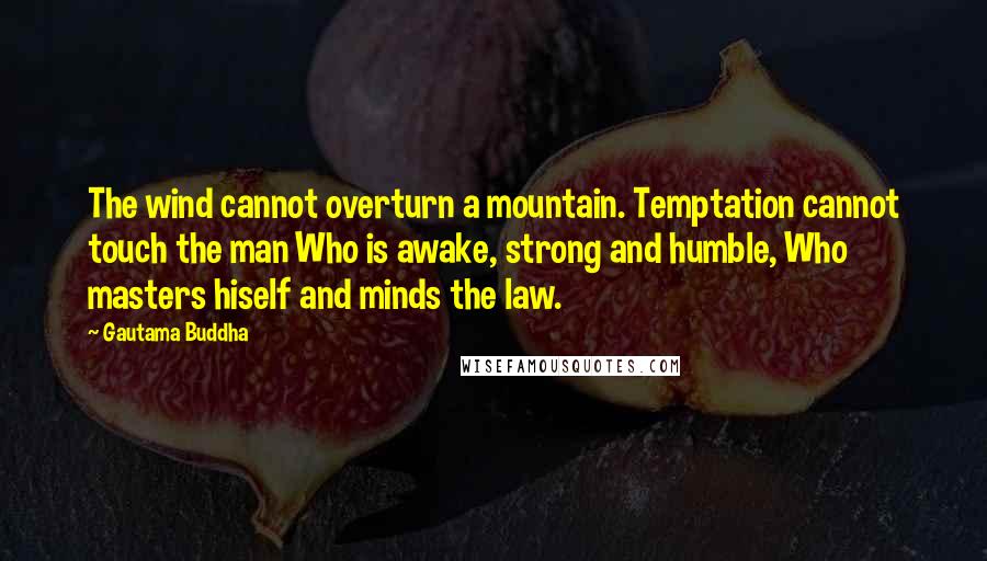 Gautama Buddha Quotes: The wind cannot overturn a mountain. Temptation cannot touch the man Who is awake, strong and humble, Who masters hiself and minds the law.