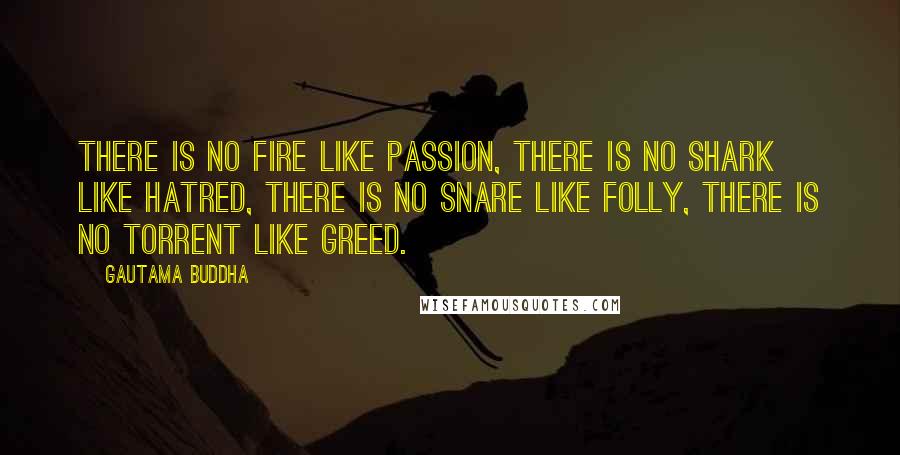 Gautama Buddha Quotes: There is no fire like passion, there is no shark like hatred, there is no snare like folly, there is no torrent like greed.