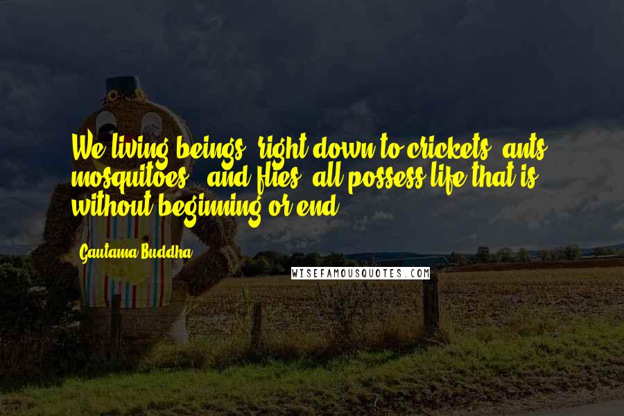 Gautama Buddha Quotes: We living beings, right down to crickets, ants, mosquitoes , and flies, all possess life that is without beginning or end.