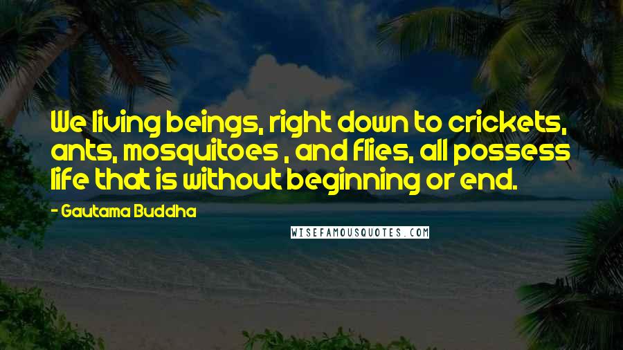 Gautama Buddha Quotes: We living beings, right down to crickets, ants, mosquitoes , and flies, all possess life that is without beginning or end.