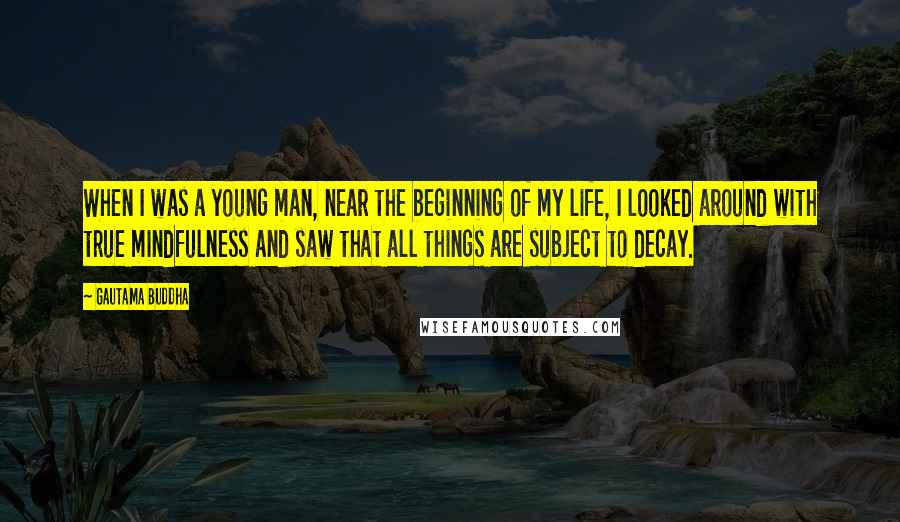 Gautama Buddha Quotes: When I was a young man, near the beginning of my life, I looked around with true mindfulness and saw that all things are subject to decay.