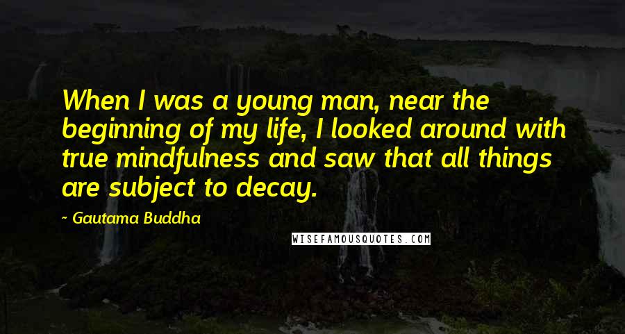 Gautama Buddha Quotes: When I was a young man, near the beginning of my life, I looked around with true mindfulness and saw that all things are subject to decay.