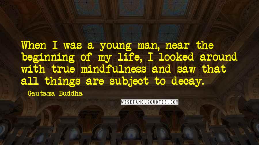 Gautama Buddha Quotes: When I was a young man, near the beginning of my life, I looked around with true mindfulness and saw that all things are subject to decay.