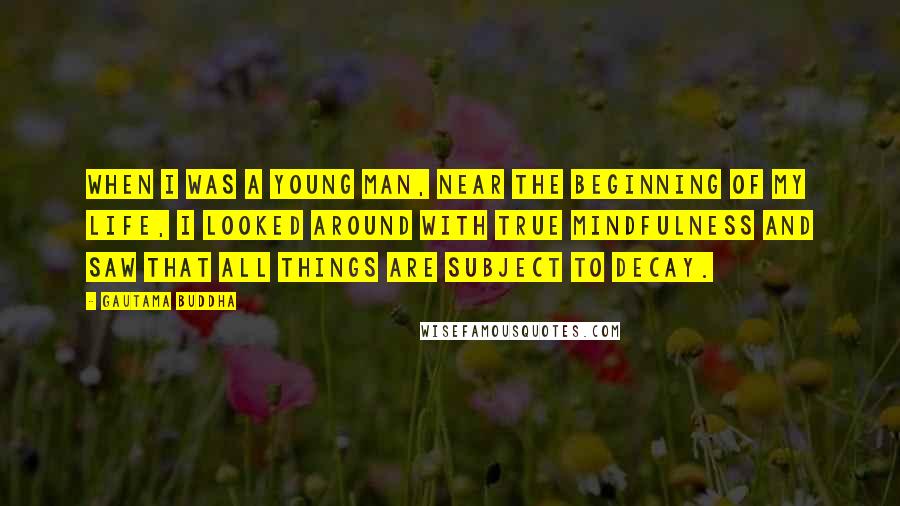 Gautama Buddha Quotes: When I was a young man, near the beginning of my life, I looked around with true mindfulness and saw that all things are subject to decay.