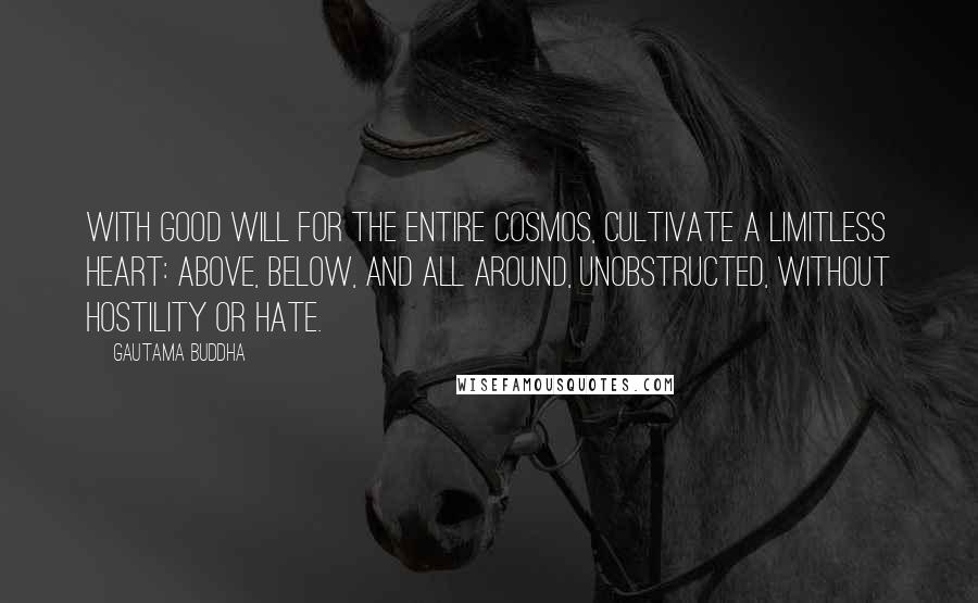 Gautama Buddha Quotes: With good will for the entire cosmos, cultivate a limitless heart: above, below, and all around, unobstructed, without hostility or hate.