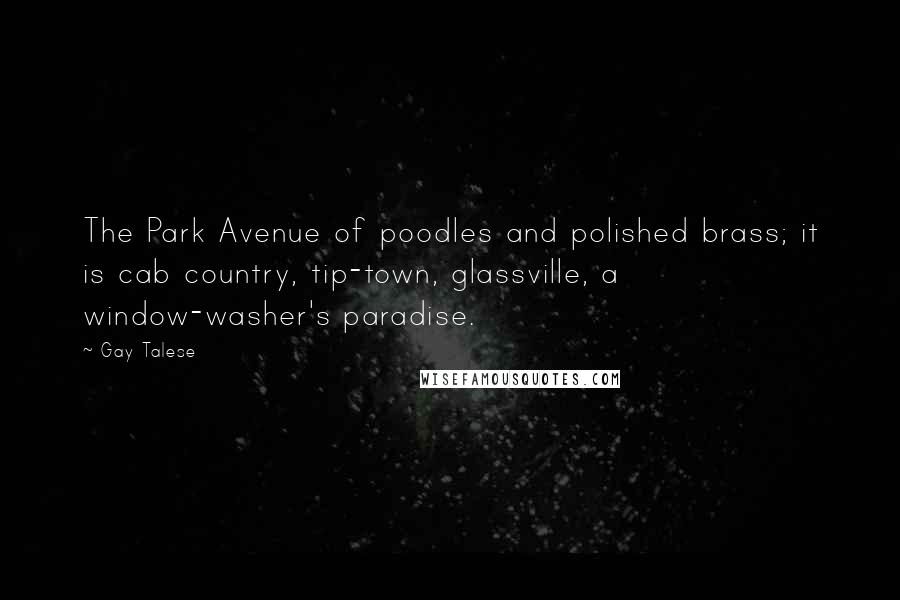 Gay Talese Quotes: The Park Avenue of poodles and polished brass; it is cab country, tip-town, glassville, a window-washer's paradise.