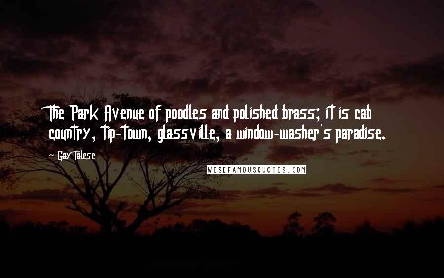 Gay Talese Quotes: The Park Avenue of poodles and polished brass; it is cab country, tip-town, glassville, a window-washer's paradise.