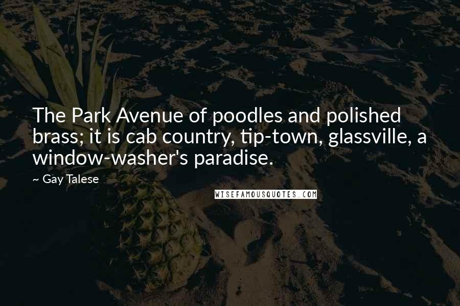 Gay Talese Quotes: The Park Avenue of poodles and polished brass; it is cab country, tip-town, glassville, a window-washer's paradise.