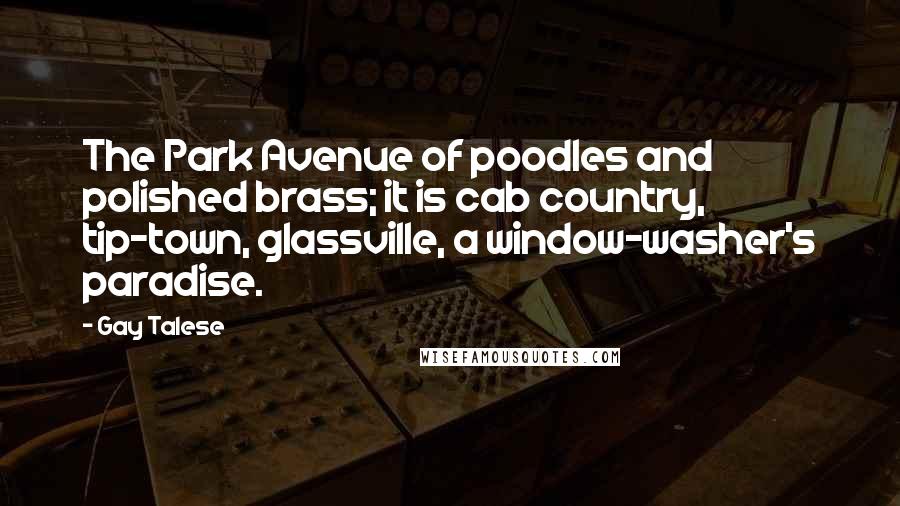 Gay Talese Quotes: The Park Avenue of poodles and polished brass; it is cab country, tip-town, glassville, a window-washer's paradise.