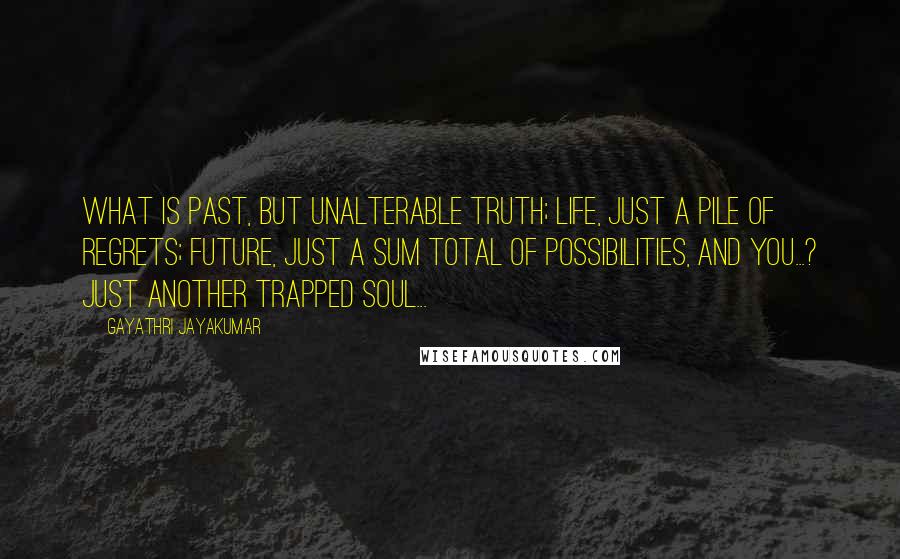 Gayathri Jayakumar Quotes: What is past, but unalterable truth; life, just a pile of regrets; future, just a sum total of possibilities, and you...? just another trapped soul...