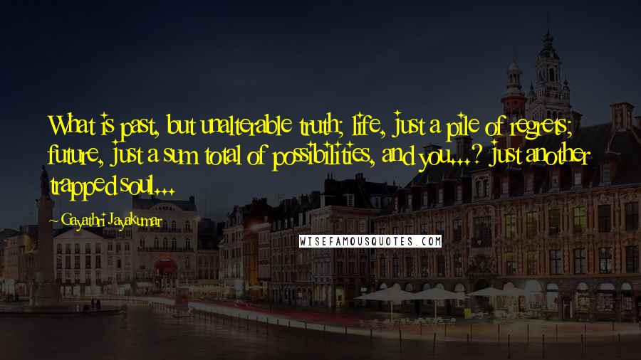 Gayathri Jayakumar Quotes: What is past, but unalterable truth; life, just a pile of regrets; future, just a sum total of possibilities, and you...? just another trapped soul...