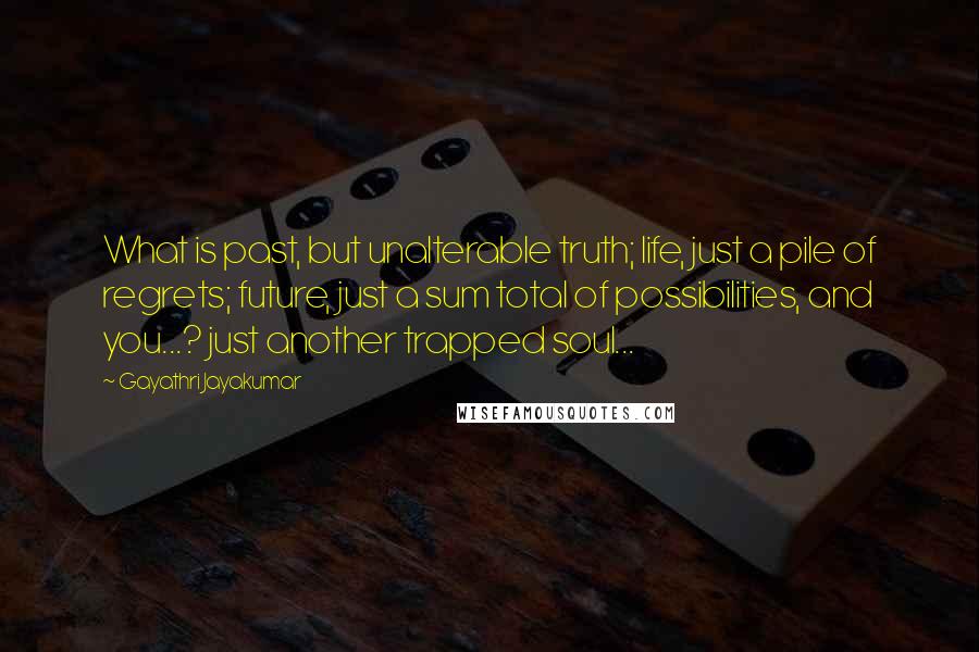 Gayathri Jayakumar Quotes: What is past, but unalterable truth; life, just a pile of regrets; future, just a sum total of possibilities, and you...? just another trapped soul...