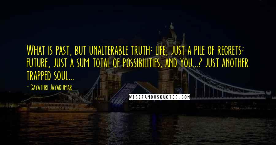 Gayathri Jayakumar Quotes: What is past, but unalterable truth; life, just a pile of regrets; future, just a sum total of possibilities, and you...? just another trapped soul...