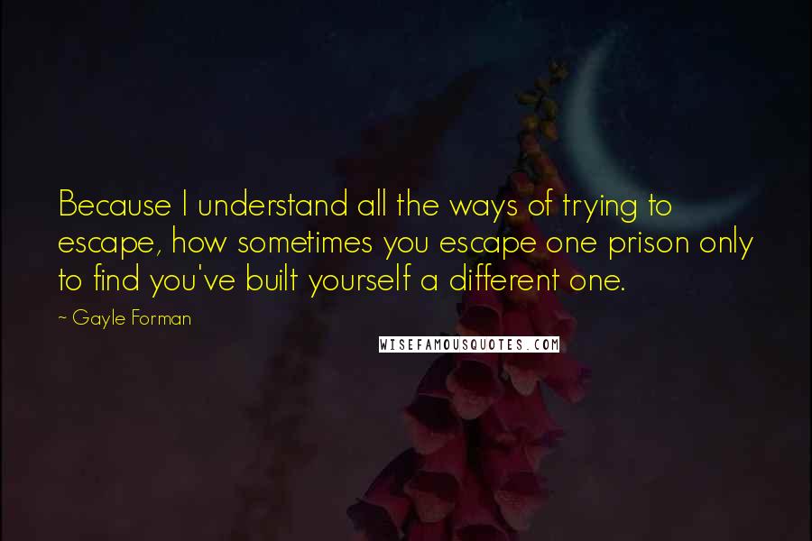 Gayle Forman Quotes: Because I understand all the ways of trying to escape, how sometimes you escape one prison only to find you've built yourself a different one.