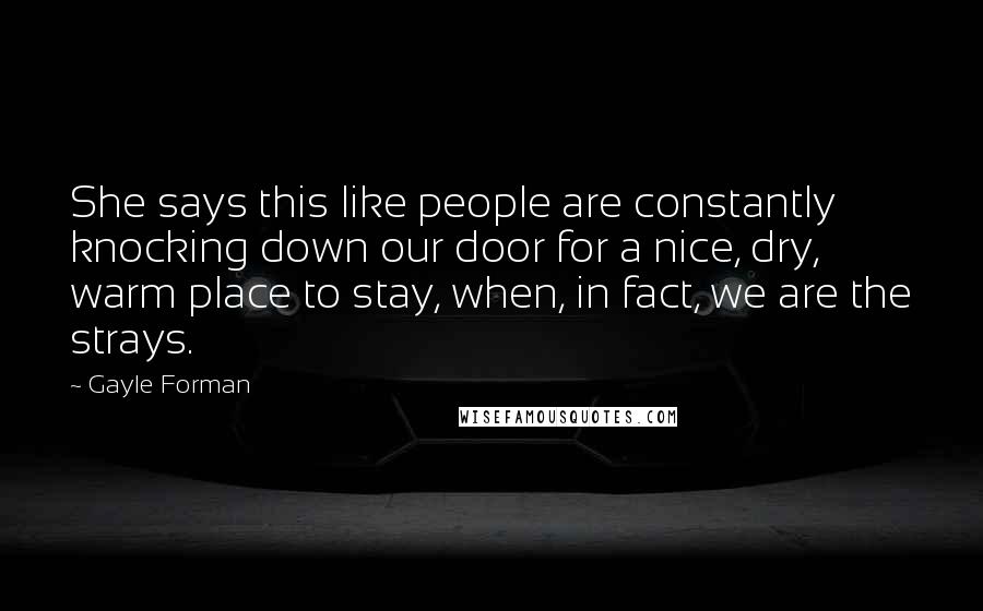 Gayle Forman Quotes: She says this like people are constantly knocking down our door for a nice, dry, warm place to stay, when, in fact, we are the strays.