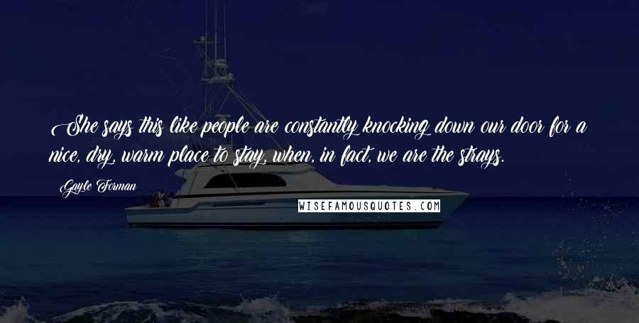 Gayle Forman Quotes: She says this like people are constantly knocking down our door for a nice, dry, warm place to stay, when, in fact, we are the strays.