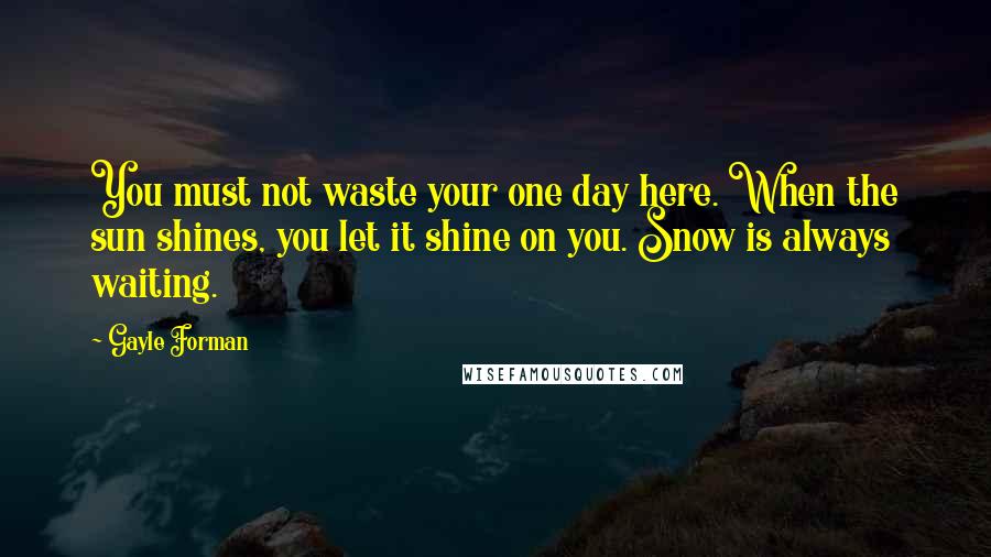 Gayle Forman Quotes: You must not waste your one day here. When the sun shines, you let it shine on you. Snow is always waiting.