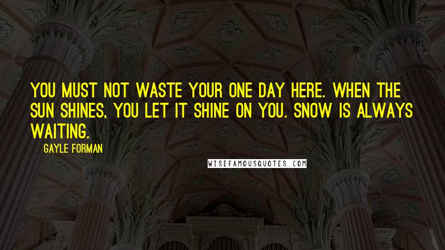 Gayle Forman Quotes: You must not waste your one day here. When the sun shines, you let it shine on you. Snow is always waiting.