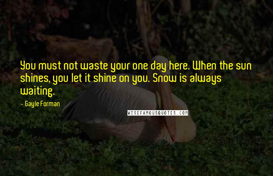 Gayle Forman Quotes: You must not waste your one day here. When the sun shines, you let it shine on you. Snow is always waiting.