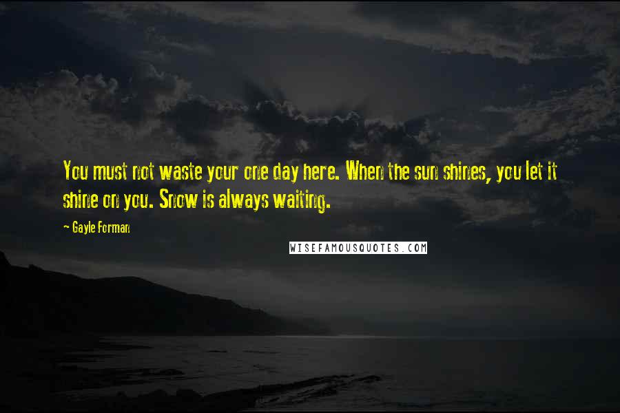 Gayle Forman Quotes: You must not waste your one day here. When the sun shines, you let it shine on you. Snow is always waiting.