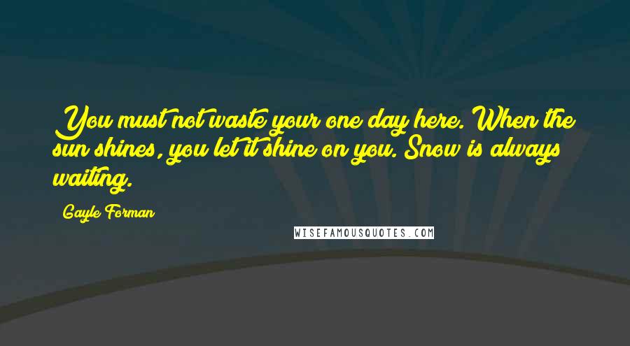 Gayle Forman Quotes: You must not waste your one day here. When the sun shines, you let it shine on you. Snow is always waiting.