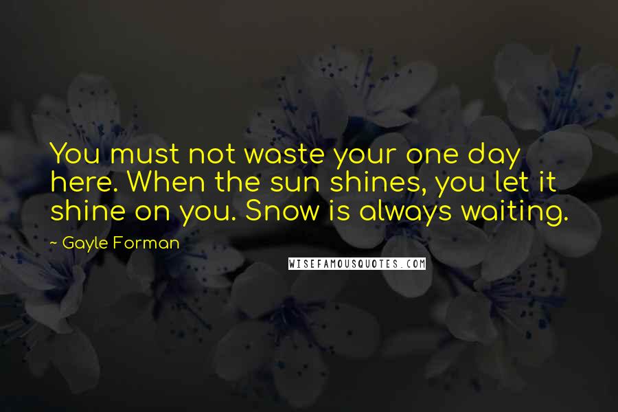 Gayle Forman Quotes: You must not waste your one day here. When the sun shines, you let it shine on you. Snow is always waiting.