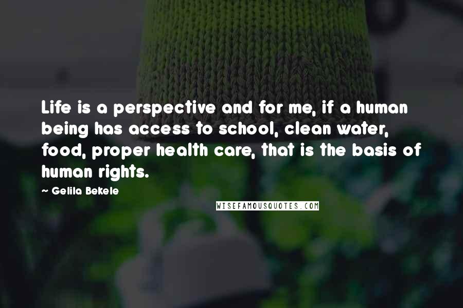 Gelila Bekele Quotes: Life is a perspective and for me, if a human being has access to school, clean water, food, proper health care, that is the basis of human rights.