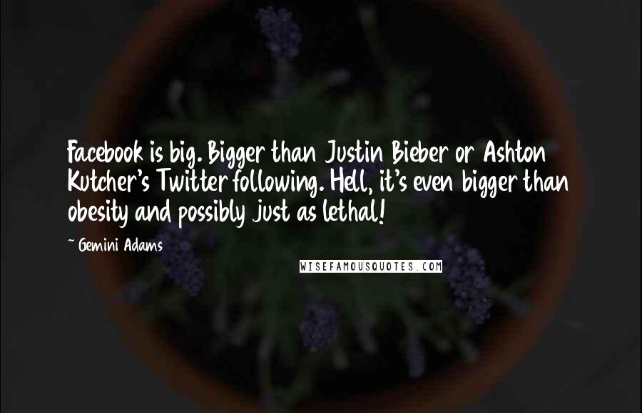 Gemini Adams Quotes: Facebook is big. Bigger than Justin Bieber or Ashton Kutcher's Twitter following. Hell, it's even bigger than obesity and possibly just as lethal!