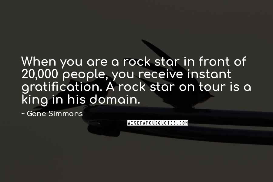 Gene Simmons Quotes: When you are a rock star in front of 20,000 people, you receive instant gratification. A rock star on tour is a king in his domain.