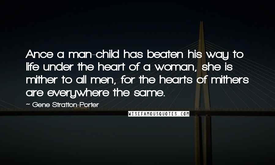 Gene Stratton-Porter Quotes: Ance a man-child has beaten his way to life under the heart of a woman, she is mither to all men, for the hearts of mithers are everywhere the same.