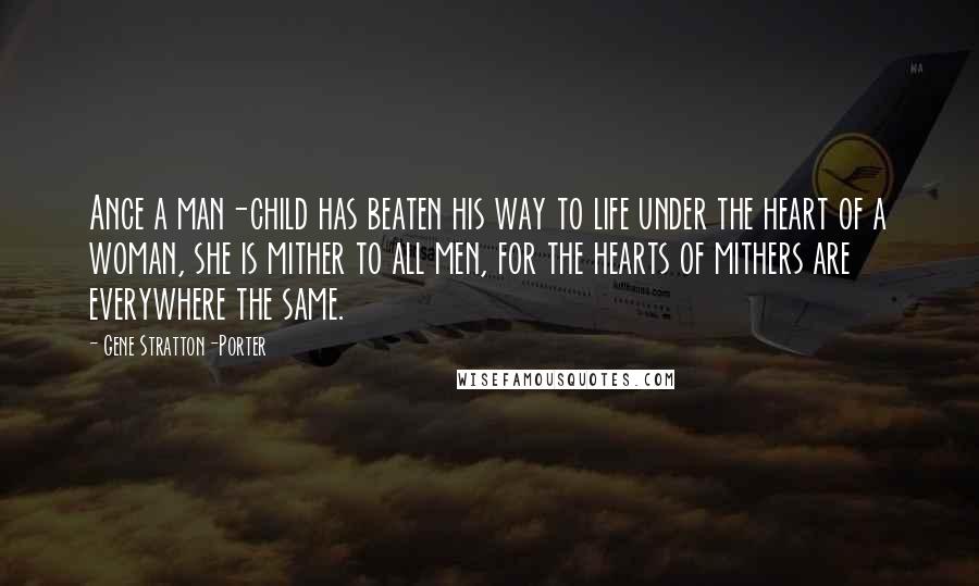 Gene Stratton-Porter Quotes: Ance a man-child has beaten his way to life under the heart of a woman, she is mither to all men, for the hearts of mithers are everywhere the same.