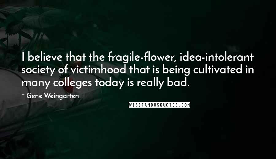 Gene Weingarten Quotes: I believe that the fragile-flower, idea-intolerant society of victimhood that is being cultivated in many colleges today is really bad.