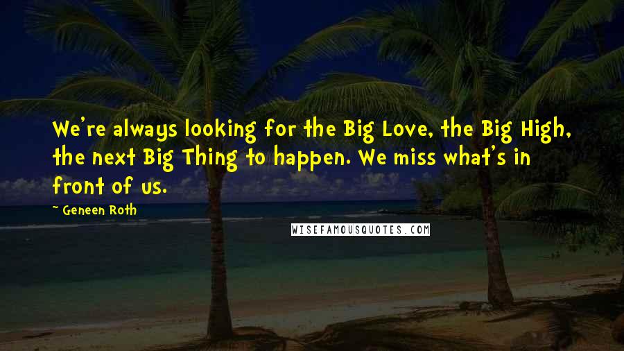 Geneen Roth Quotes: We're always looking for the Big Love, the Big High, the next Big Thing to happen. We miss what's in front of us.