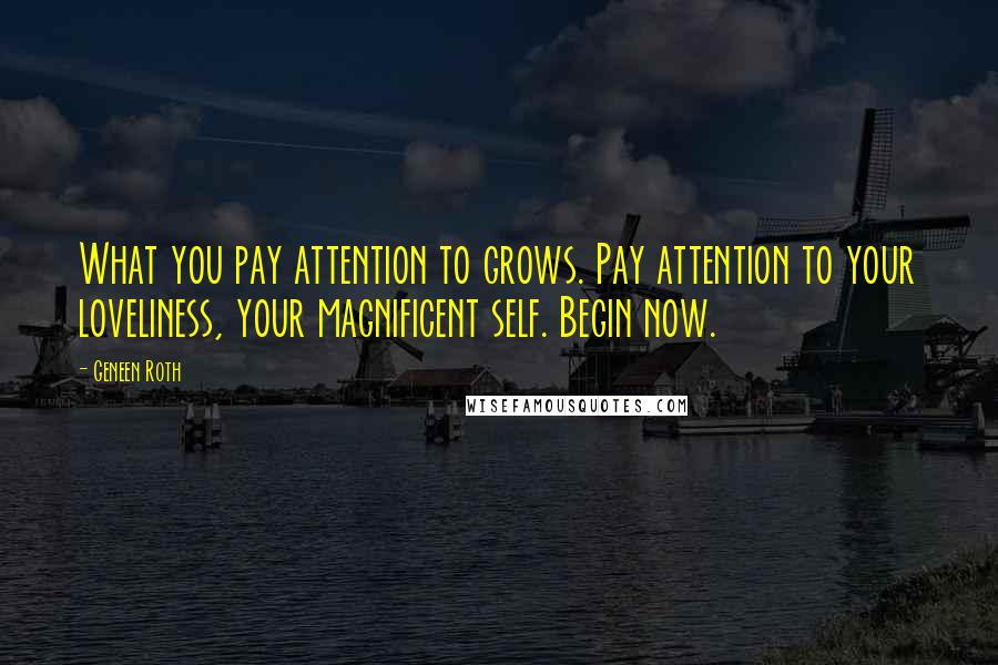 Geneen Roth Quotes: What you pay attention to grows. Pay attention to your loveliness, your magnificent self. Begin now.