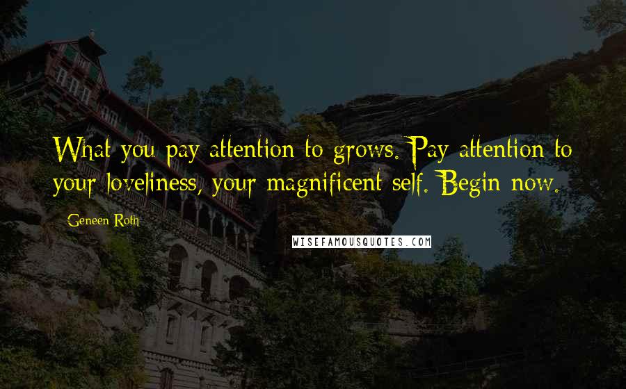 Geneen Roth Quotes: What you pay attention to grows. Pay attention to your loveliness, your magnificent self. Begin now.