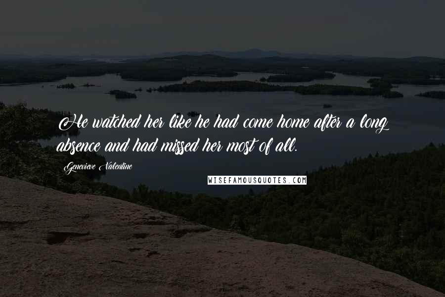 Genevieve Valentine Quotes: He watched her like he had come home after a long absence and had missed her most of all.