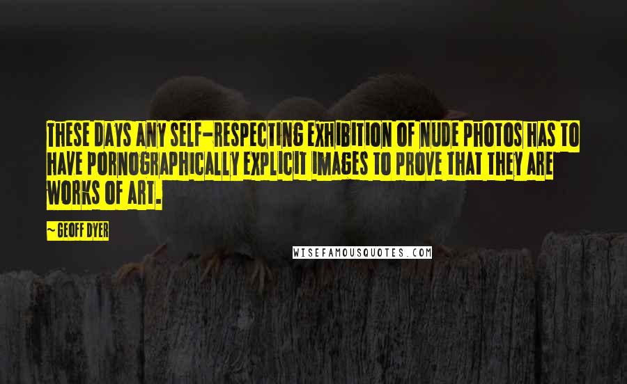 Geoff Dyer Quotes: These days any self-respecting exhibition of nude photos has to have pornographically explicit images to prove that they are works of art.