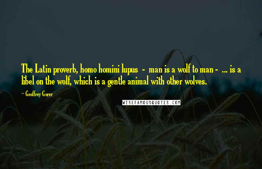 Geoffrey Gorer Quotes: The Latin proverb, homo homini lupus  -  man is a wolf to man -  ... is a libel on the wolf, which is a gentle animal with other wolves.