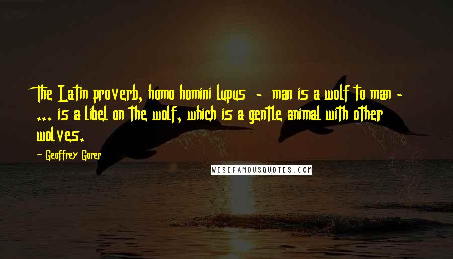 Geoffrey Gorer Quotes: The Latin proverb, homo homini lupus  -  man is a wolf to man -  ... is a libel on the wolf, which is a gentle animal with other wolves.