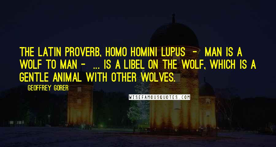 Geoffrey Gorer Quotes: The Latin proverb, homo homini lupus  -  man is a wolf to man -  ... is a libel on the wolf, which is a gentle animal with other wolves.