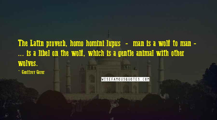 Geoffrey Gorer Quotes: The Latin proverb, homo homini lupus  -  man is a wolf to man -  ... is a libel on the wolf, which is a gentle animal with other wolves.