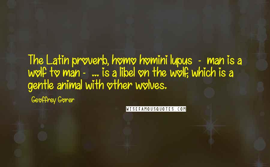 Geoffrey Gorer Quotes: The Latin proverb, homo homini lupus  -  man is a wolf to man -  ... is a libel on the wolf, which is a gentle animal with other wolves.