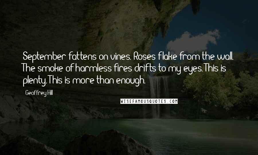Geoffrey Hill Quotes: September fattens on vines. Roses flake from the wall. The smoke of harmless fires drifts to my eyes. This is plenty. This is more than enough.