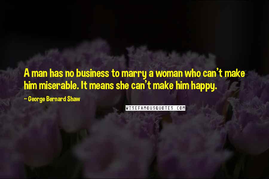 George Bernard Shaw Quotes: A man has no business to marry a woman who can't make him miserable. It means she can't make him happy.