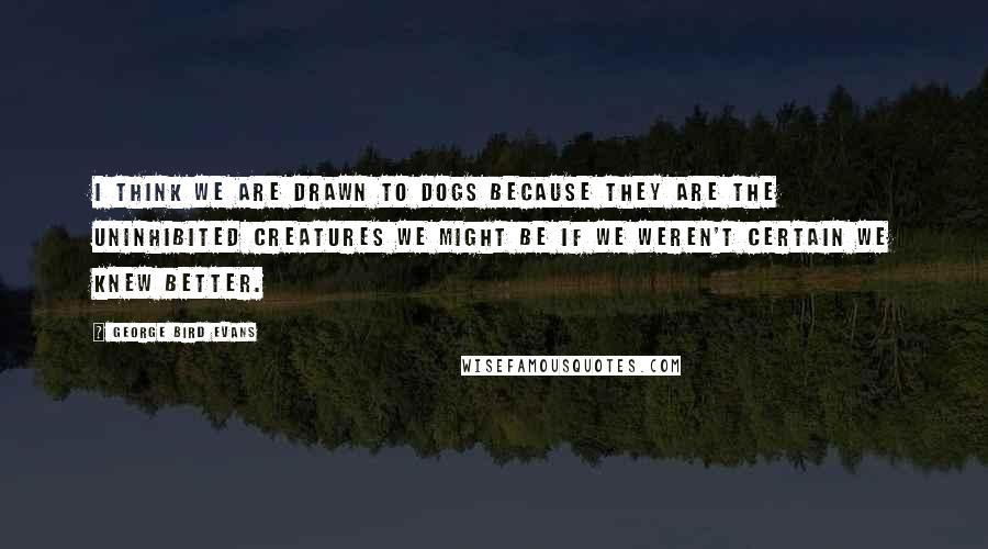 George Bird Evans Quotes: I think we are drawn to dogs because they are the uninhibited creatures we might be if we weren't certain we knew better.