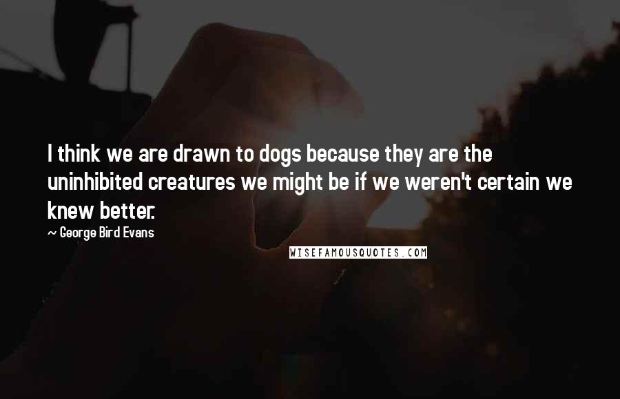 George Bird Evans Quotes: I think we are drawn to dogs because they are the uninhibited creatures we might be if we weren't certain we knew better.
