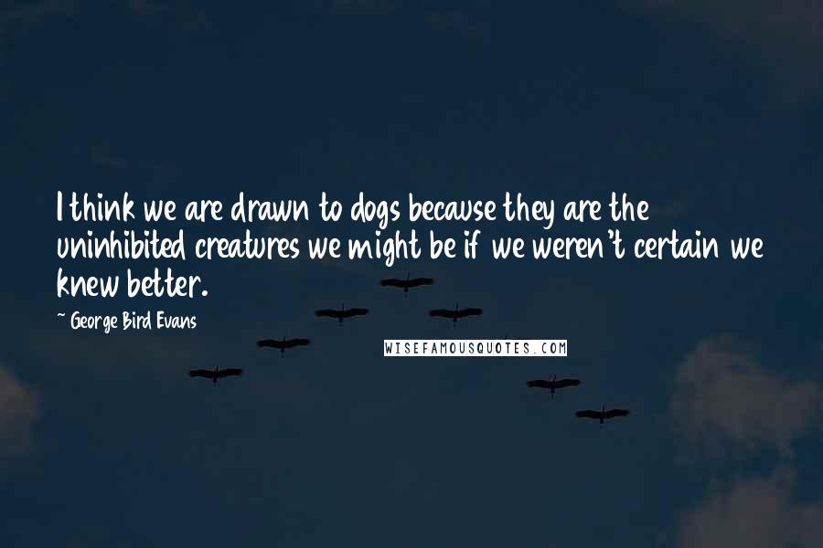 George Bird Evans Quotes: I think we are drawn to dogs because they are the uninhibited creatures we might be if we weren't certain we knew better.